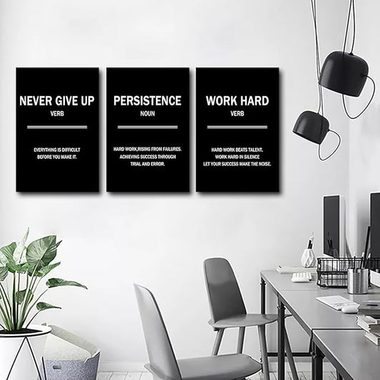 3 Pieces Motivational Canvas Wall Art Never Give Up Persistence Work Hard Success Quotes Inspirational Signs Posters Print for Home Bedroom Teens Room Gym Stretched and Framed [48''W x 24''H]