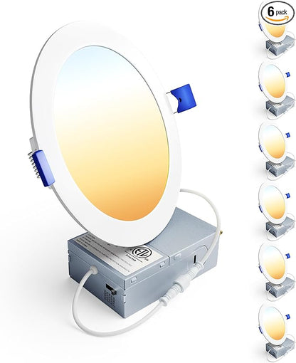 Ensenior 6 Pack 6 Inch LED Recessed Light, Dimmable, 2700K-5000K 5CCT, 1200LM High Brightness, 12W 120V, Damp Rated, ERL-12X-ETL, Ultra-Thin Canless Wafer Ceiling Light - ETL & FCC & IC
