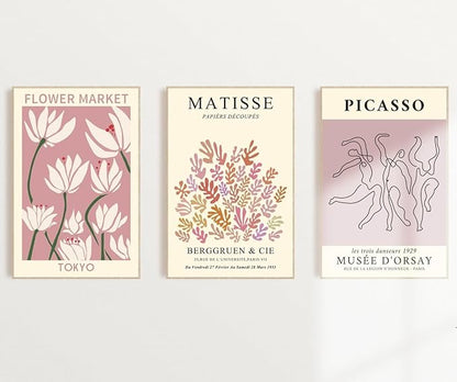 MINI ZOZI Matisse Wall Art Flower Market Prints 12x16 3PCS Picasso Wall Decor Large Canvas Pink Posters Trendy Funky Aesthetic Abstract Line Minimalist Poster Danish Pastel Painting Bedroom Printing