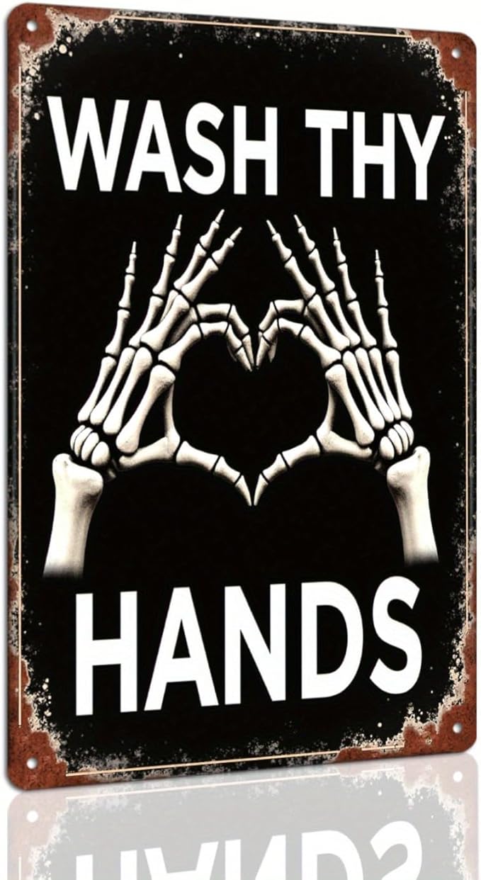 Wash Thy Hands Skeleton Metal Tin Sign Halloween Decor Vintage Wall Art Rustic Bathroom Kitchen Entryway Home Decorative Signs Metal Poster 8x12 Inch