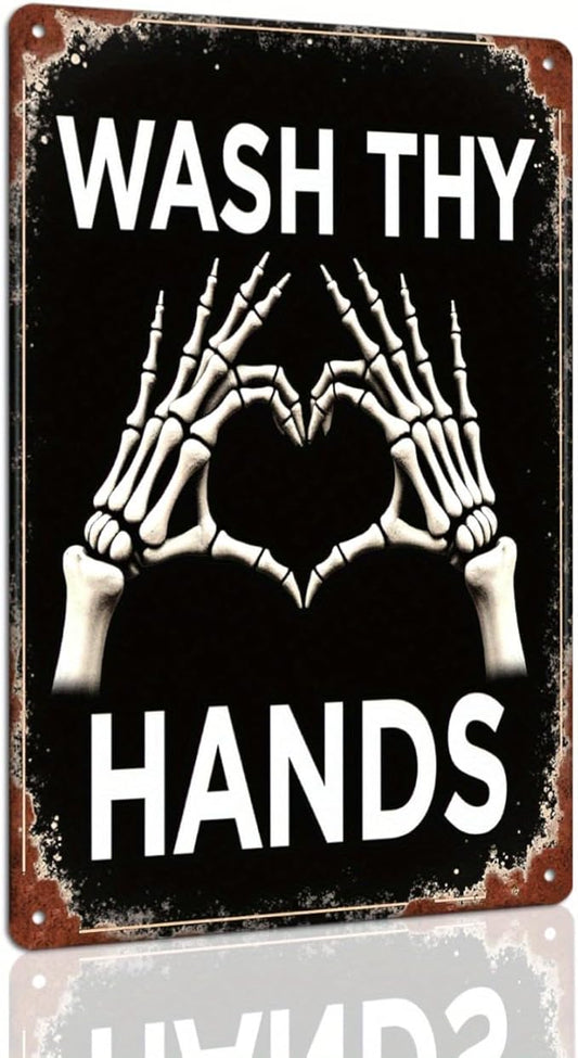 Wash Thy Hands Skeleton Metal Tin Sign Halloween Decor Vintage Wall Art Rustic Bathroom Kitchen Entryway Home Decorative Signs Metal Poster 8x12 Inch