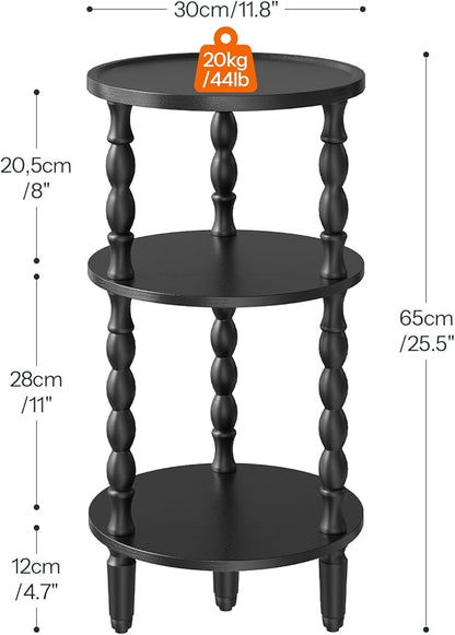 HOOBRO Round Side Table for Small Space, 3-Tier Small Round End Table with Rubberwood Leg, Accent Bedside Table, Circle Nightstand, Living Room, Bedroom, Sofa Couch, Black BK218BZ01