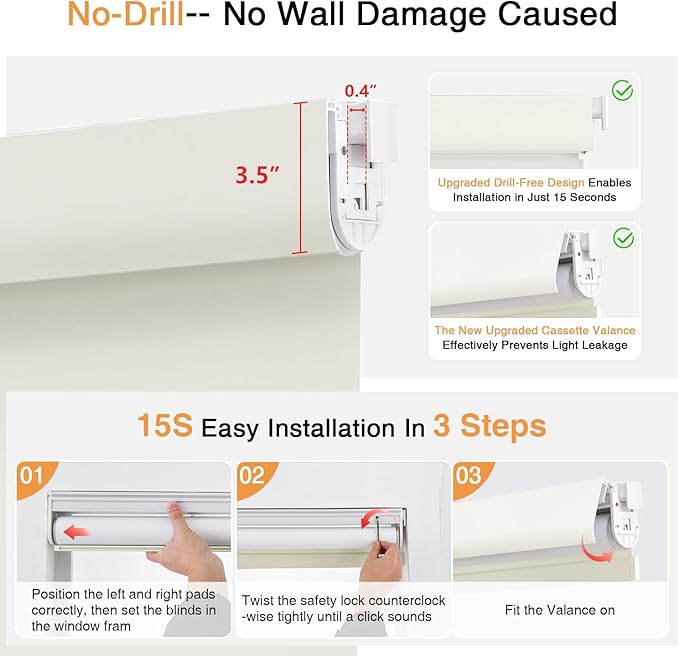 AOSKY No Drill Cordless Blackout Roller Shades with Valance,Customize Blinds for Indoor Windows,Room Darkening Window Shades Pull Down with Free-Stop Spring System, UV Protection for Home Ivory
