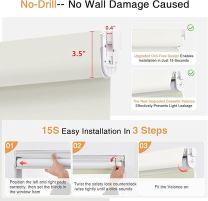 AOSKY No Drill Cordless Blackout Roller Shades with Valance,Customize Blinds for Indoor Windows,Room Darkening Window Shades Pull Down with Free-Stop Spring System, UV Protection for Home Ivory