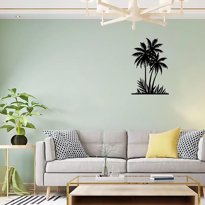 Benziso Metal Palm Tree Wall Art Tropical Plants Wall Decor Beach Theme Wall Sculptures Coastal Wall Hanging for Bathroom Living Room Indoor Outdoor（Black 11.2in x 17in）