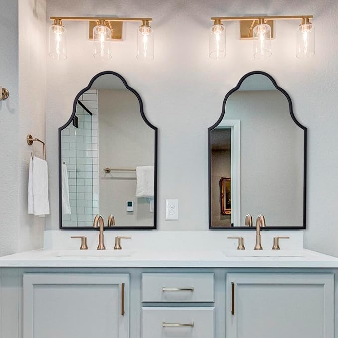 Chende Black Bathroom Mirror for Over Sink, 32"X20" Arched Mirrors with Scalloped Wooden Frame, Elegant Decorative Mirror for Living Room, Dining Room, Entryway