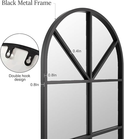 56×22" Arched Window Finished Full Length Mirror, Wall Mirror with Metal Frame, Home Decor Windowpane Mirror, Wall Mounted or Leaning, No Stand - Black
