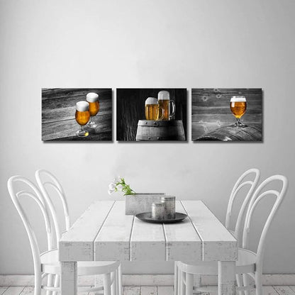 Derkymo Black and White Wall Art 12"x16"x3pcs Beer Pictures Print on Canvas Kitchen Wall Painting Contemporary Home Decor Artwork Gallery Wrapped Framed Ready to Hang