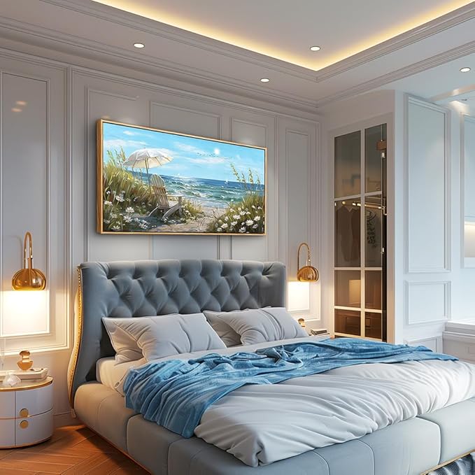 ERQINHUA Large Wall Art For Living Room Canvas Wall Decor For Bedroom Office Decoration Blue Sea Ocean Paintings Beach Chair Wall Pictures Artworks Modern Home Decor Aesthetics 24x48 In Wood Framed
