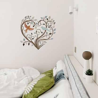 Hnatzu Colorful Heart Tree Metal Wall Art with Birds,Vibrant Heart Wall Decor for Living Room,Unique Metal Bird Wall Art for Home, Garden,or as a Gift of Love and Family