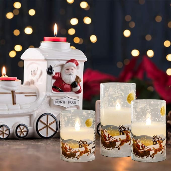 Santa Claus Glass Flameless Candles Battery Operated Remote and Timer Real Wax LED Flickering Pillar Candles White Cold Light Window Christmas Holiday Decor D3 x H4, 5", 6"