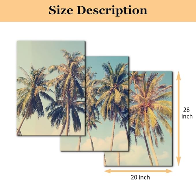 Pacimo Canvas Print Wall Art Set Row of California Palm Trees & Blue Sky Nature Wilderness Photography Realism Chic Scenic Seaside Landscape Pictures Giclee Artwork Stretched Framed - 20"x28"x3 Panels