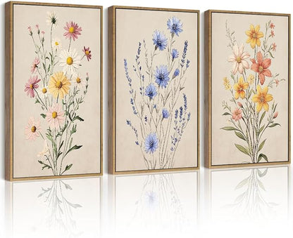 Drsoum Vintage Flower Bouquet Wall Art Framed Retro Bohemian Boho Colorful Floral Plant Rustic Artwork Nature Botanical Wildflower Prints Bedroom Living Room Ready to Hang 12x16in Natural Framed