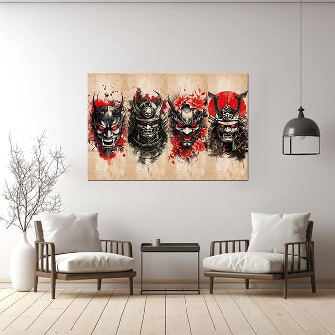Bushido Wall Art Japanese Samurai Wall Decor Bushido Wall Art Red and Black Canvas Pictures for Japan Theme Restaurant Tavern Hotels Bedroom Living Room Office Bathroom Asian Artwork Prints Framed