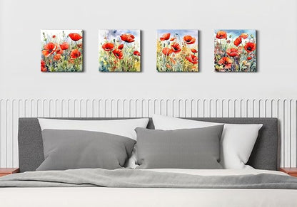 Red Poppy Floral Canvas Wall Art Bedroom Wall Decor Abstract Watercolor Poppies Picture for Living Room Bathroom Nature Botanical Paintings Prints Poster Wildflower Artwork Home Decoration 12x12” 4Pcs