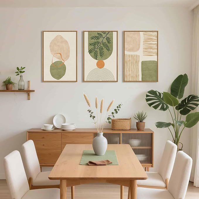 Celestdeco Large Boho Sage Green Framed Canvas Wall Art Set,Abstract Minimalist Geometric Line Wall Decor,Modern Mid Century Beige Leaf Artwork for Living Room,Bedroom,Dining Room,Office-24 x36 x3