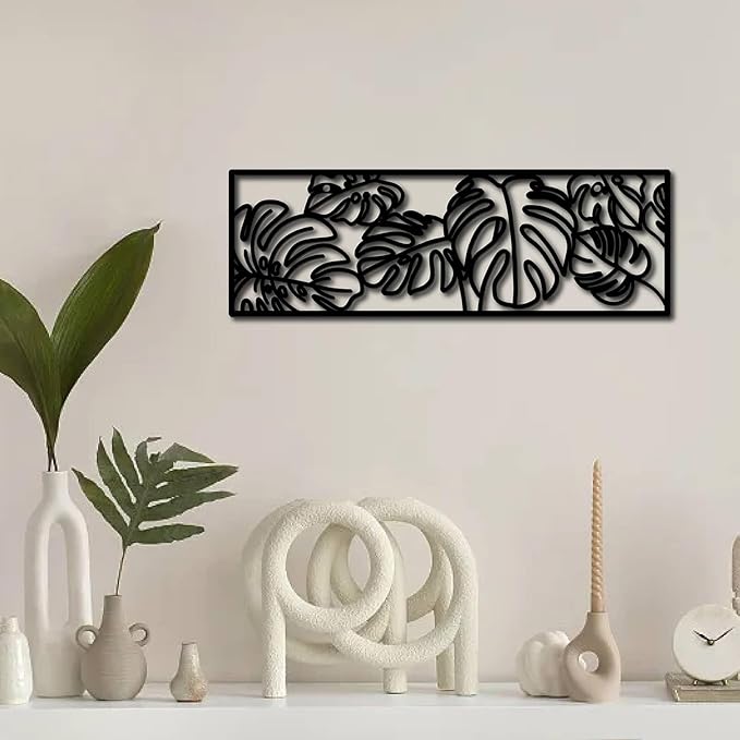 CREATCABIN Leaf Metal Wall Art Rectangle Wall Decoration Black Turtle Backed Bamboo Frame Sculptures Wall Hanging Ornament Hollow Out Metal Wall Sign for Bathroom Living Room Bedroom Porch 12 x 4Inch