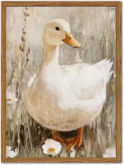 Framed Vintage Duck Canvas Wall Art, Cute Farmhouse Animal Pictures Wall Decor, Rustic Country Nature Paintings Prints Cottagecore Home Decor for Living Room Bedroom Bathroom 12x16 inch