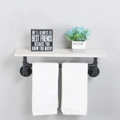 MBQQ Black & White Shelving Bathroom Pipe Shelves with Towel Bar Over Toilet, 24 inch Pine Wood Floating Shelves for Wall Mounted Bedroom,Kitchen, Farmhouse, Living Room