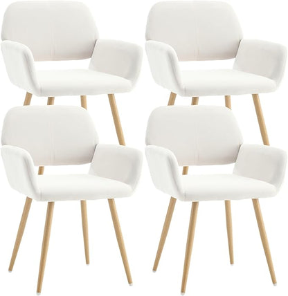 KCC Small Modern Dining Room Arm Chairs Set of 4, Mid-Century Upholstered Velvet Side Seat Club Guest with Metal Tube Legs for Kitchen, Living Room, Beige