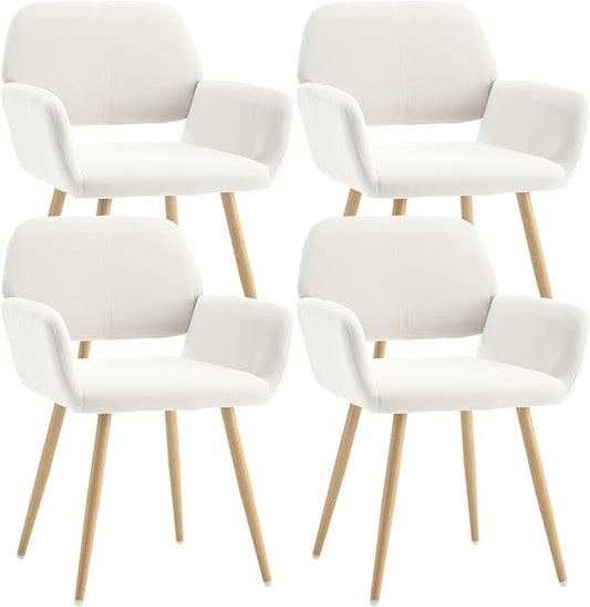 KCC Small Modern Dining Room Arm Chairs Set of 4, Mid-Century Upholstered Velvet Side Seat Club Guest with Metal Tube Legs for Kitchen, Living Room, Beige