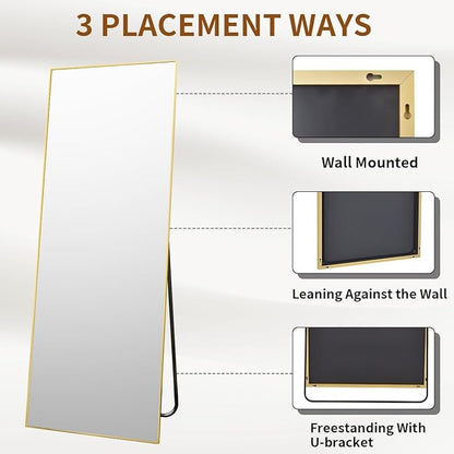 VooBang Mirror Full Length, 21" x 64" Floor Mirror with Stand, Aluminum Alloy Frame Full Body Mirror, Standing Hanging or Leaning Against Wall for Bedroom and Living Room, Gold