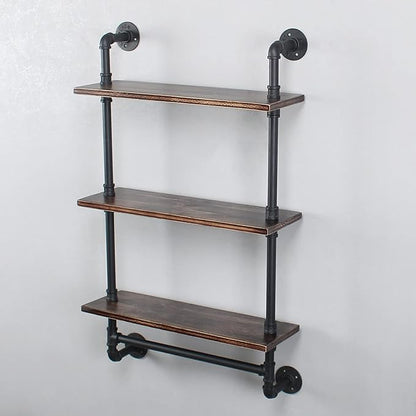 MBQQ Iron Pipe Shelves Industrial Bathroom Shelves with Towel bar,24in Rustic Metal Pipe Floating Shelves Pipe Wall Shelf,3 Tier Industrial Shelf Wall Mounted,Retro Black