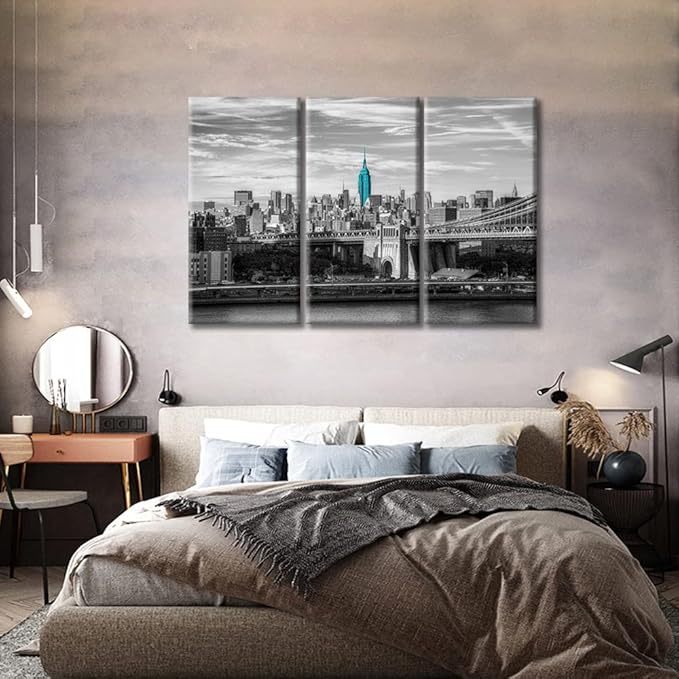 TUMOVO American Brooklyn Bridge Cityscape Wall Decor Posters and Prints 3 Panels New York Skyscrapers Pictures Wall Decor for Bedroom City Skyline Art Prints Framed Ready to Hang (42" Wx28 H)