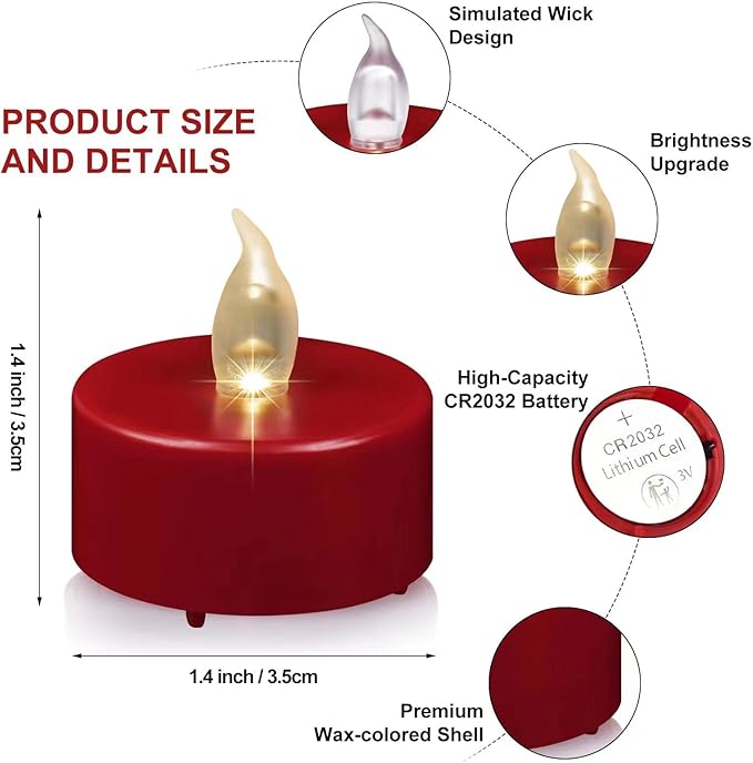 Flameless Tea Lights Candles 24 Pack LED Battery Operated Electric Votive Fake Candles Realistic Flickering and 200+ Hours Long Lasting Bright for Celebrations Festivals (Red)