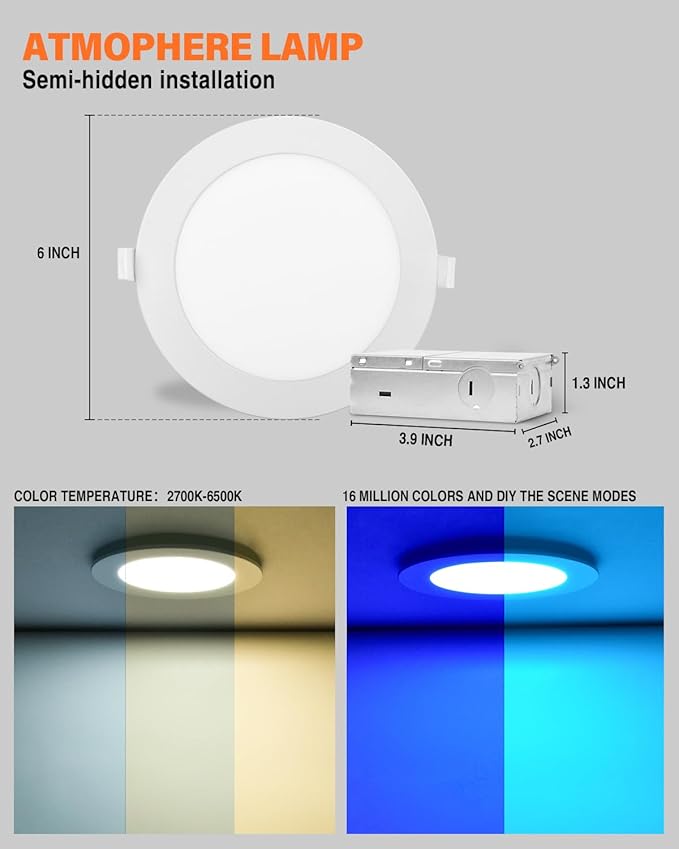 12Pack 6Inch Smart LED RGB Recessed Lighting ,Color Changing Canless Downlight,2700K-6500K, 2.4GHz Wi-Fi & Bluetooth,12W 2640lm,Works with Tuya App,Alexa & Google Assistant,Gateway Included