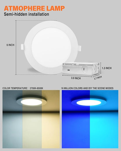 12Pack 6Inch Smart LED RGB Recessed Lighting ,Color Changing Canless Downlight,2700K-6500K, 2.4GHz Wi-Fi & Bluetooth,12W 2640lm,Works with Tuya App,Alexa & Google Assistant,Gateway Included