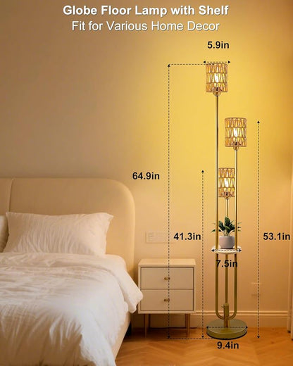 63IN Dimmable Floor Lamp with Shelf, Gold Rattan Tall Standing Lamps Candle Holder Style, 3000K Warmwhite Mid Century Modern Floor Lamp with 5Lbs Heavy Base for Living Room (Bulbs Included)