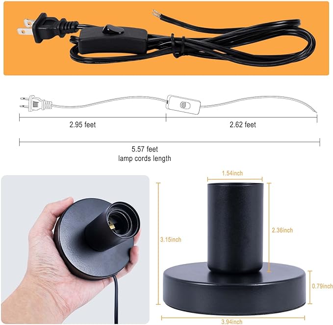 Industrial Table Lamp, Small Polished Metal Desktop Light Socket Base, Vintage E26/E27 Edison Screw Light Bulb Holder, 5.57ft Cord with On/Off Switch and US Plug (Black Color)