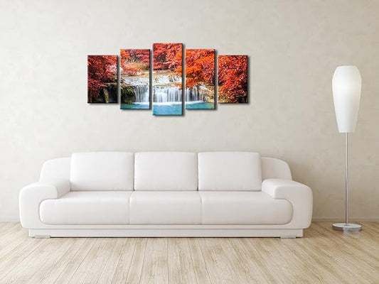 Pyradecor Red Forest Waterfalls Canvas Prints Wall Art Tree Pictures Paintings for Living Room Bedroom Home Decorations Modern 5 Panels Stretched Pretty Landscape Artwork