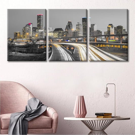 TUMOVO 3 Panel Houston Skyline Office Decor American Cityscape Pictures Black and White Wall Art Nighttime Skyscrapers Lightscape Artwork Posters and Prints Framed Ready to Hang (36" Wx16 H)