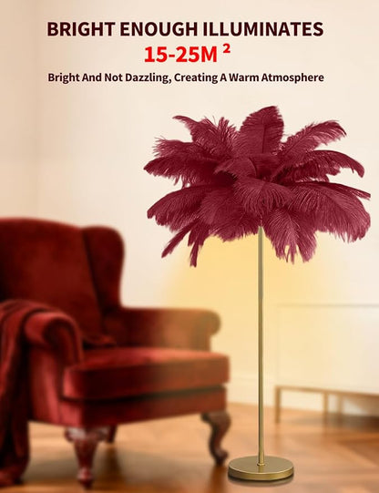 Feather Floor Lamp,Fluffy Ostrich Feather Floor Lamp for Bedroom,3 Color Temperatures Led Corner Modern Floor Lamps for Living Room Christmas Home Decor House Warming Gifts,63″ Height (Wine Red)