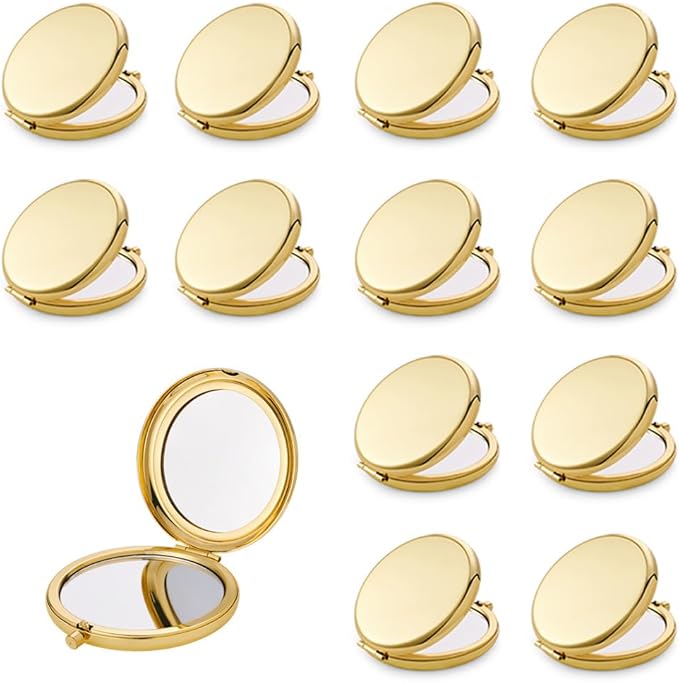 Compact Mirror for Purse, Metal Round Shell, Double-Sided 1X/2X Magnifying, Portable Travel Small Makeup Mirror, Mini Pocket Mirror, Gold, 12 Pack