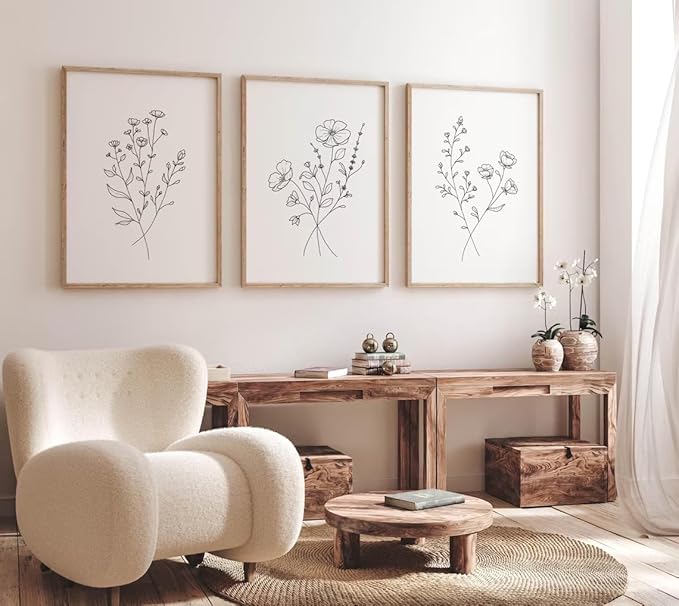 HLUSSBLIEB solid wood frame，3Pcsbeige floral art，minimalist botanical line art，modern black and white wall art，Neutral Botanical Floral Wall Art，for Living Room Bedroom Office （12 * 16in）
