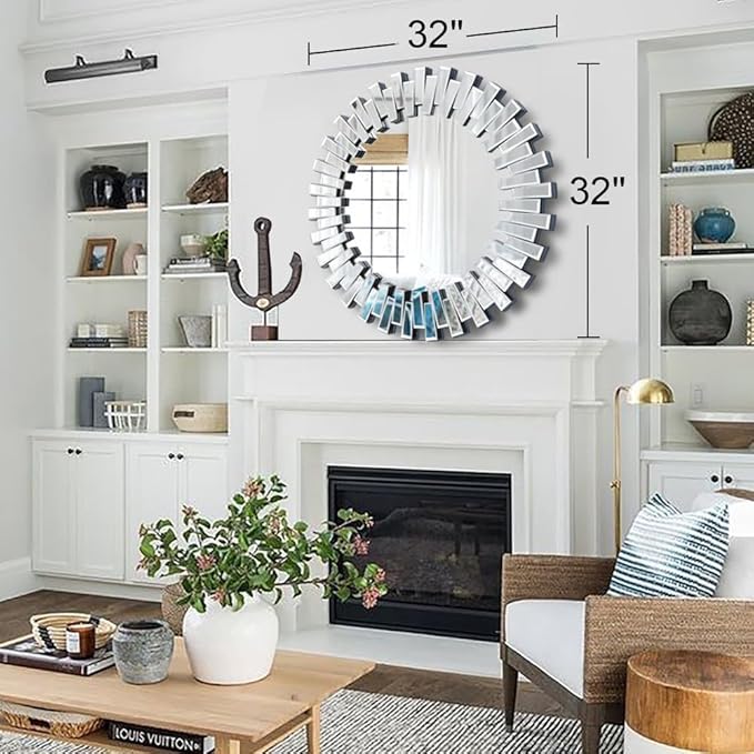 Chende Round Mirrors for Wall Decor, 32'' Large Living Room Mirror with Beveled Edge Glass Frame, Modern Decorative Mirror for Entryway, Dining Room, Bathroom