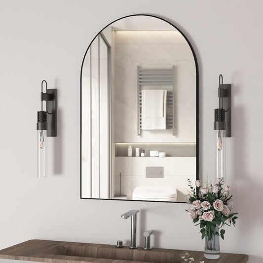 Wall Mounted Mirror, Arched Wall Mirror for Bathroom, 24"x36" Arch Bathroom Mirror with Metal Frame, Black Vanity Mirror Decor for Mantle, Bedroom, Entryway, Living Room