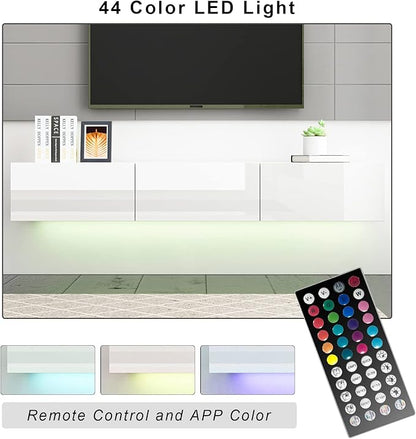Homsee Floating LED TV Stand for TVs up to 70", Wall Mounted Wood Media Console with Glossy Surface & LED Lights, Modern Entertainment Center with 3 Drawers for Living Room, Bedroom, White