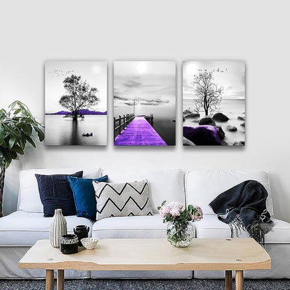 Modern Black And White Canvas Wall Art - Large Size Decor For Living Room And Bedroom - Purple Scenery Artwork Prints - Dormitory Decor