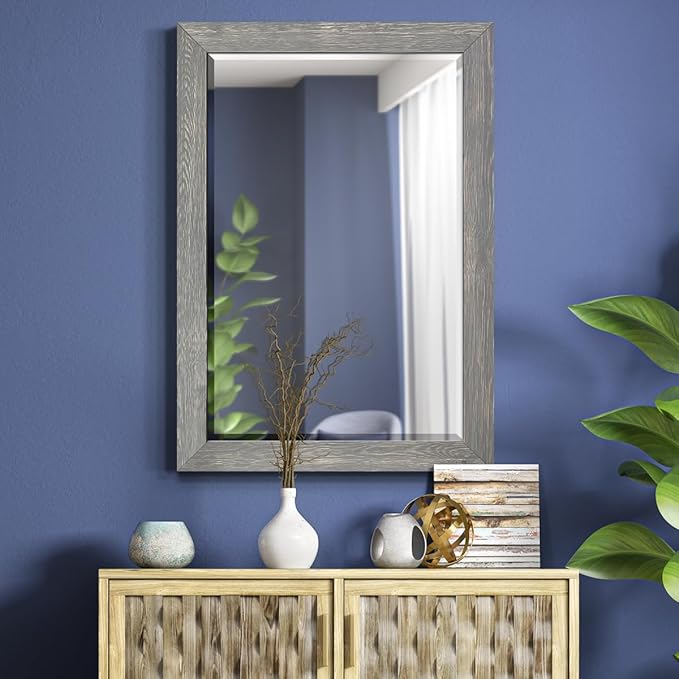 Renditions Gallery Horizontal Gray Wood Frame Vanity Body Mirror Rustic Farmhouse Rectangular Decorative Wall Mounted Aesthetic Mirror for Bedroom Living Room Bathroom - 41"x29" LT07