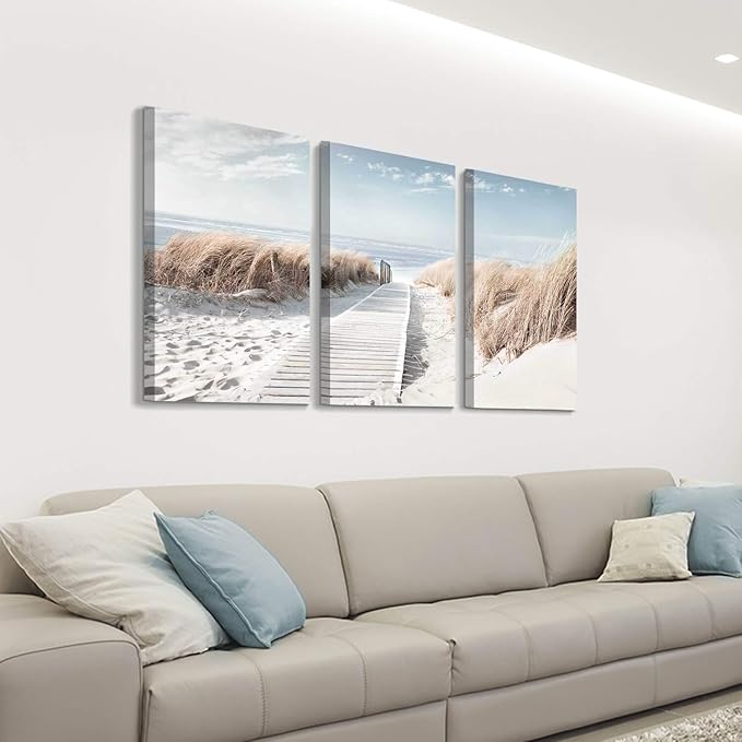 Hardy Gallery Beach Scene Picture Coastal Painting: Oceanside Sea Grass Trail Artwork on Canvas Print for Office(26''x16''x3pcs)