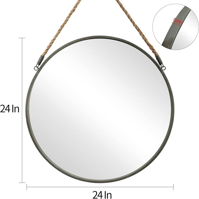 POZINO Round Mirror, 24 Inch Circle Wall Mirrors, Hanging Mirror with Rope, Farmhouse Mirrors for Bathroom Bedroom Living Room Entryway Home Decor, Grey