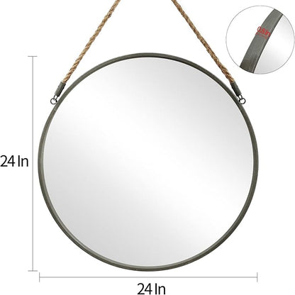 POZINO Round Mirror, 24 Inch Circle Wall Mirrors, Hanging Mirror with Rope, Farmhouse Mirrors for Bathroom Bedroom Living Room Entryway Home Decor, Grey