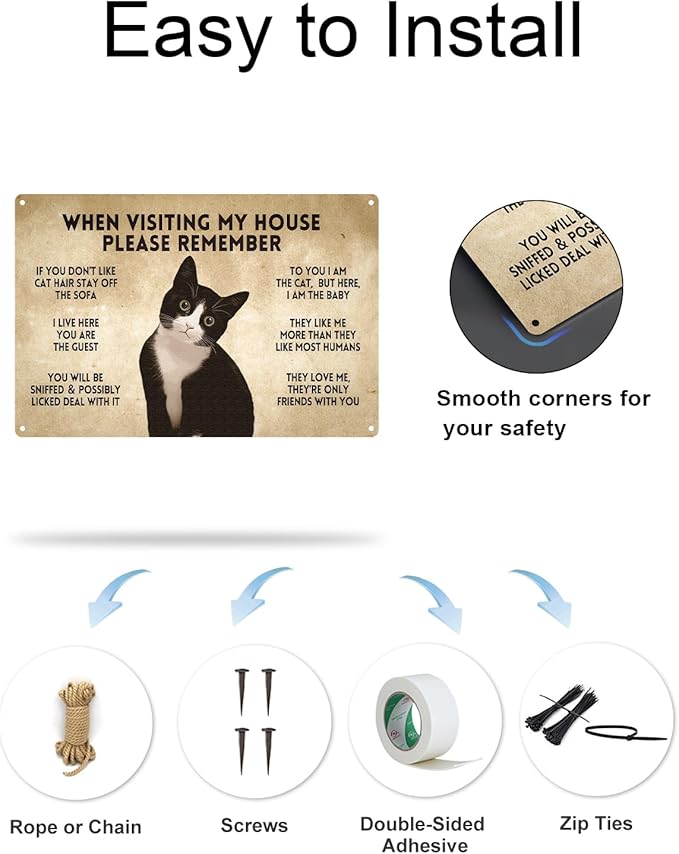 ALKB Gift for Cat Lovers Funny Tuxedo Cat Rules Metal Signs, When Visiting My House Please Remember, Cat Signs for Wall Door Decor 8 x 12 Inch