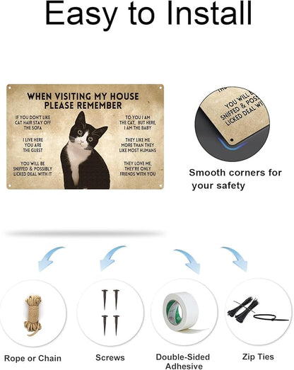 ALKB Gift for Cat Lovers Funny Tuxedo Cat Rules Metal Signs, When Visiting My House Please Remember, Cat Signs for Wall Door Decor 8 x 12 Inch