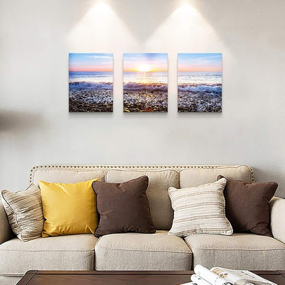 Wall Art For Living Room Blue Ocean Sea Canvas Wall Decor for Home artwork Painting 12" x 16" 3 Pieces Canvas Print For bedroom Decor Modern Salon kitchen office Hang a picture Beach Sun ocean