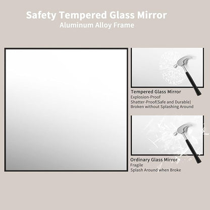 LOAAO 36"X36" Black Rectangle Bathroom Mirror Wall, Matte Black Aluminum Alloy Frame, Tempered Glass, Hangs Vertically or Horizontally, Easy to Install